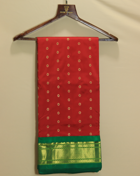 Fiery Red 9 Yard Paithani Pure Silk Saree  with Emerald Green Zari Border