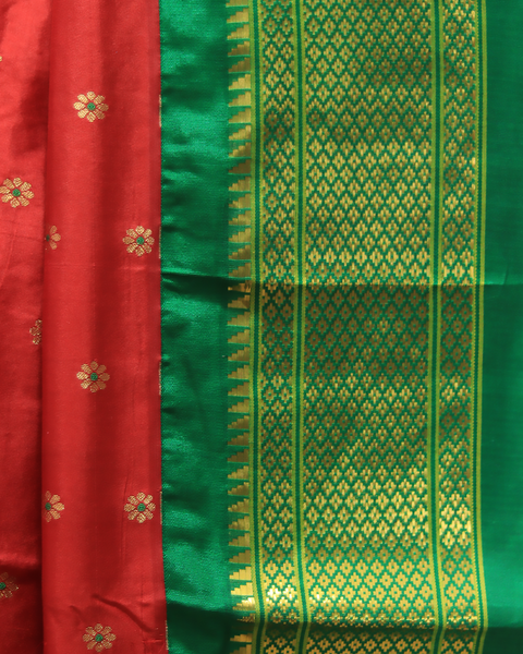 Fiery Red 9 Yard Paithani Pure Silk Saree  with Emerald Green Zari Border