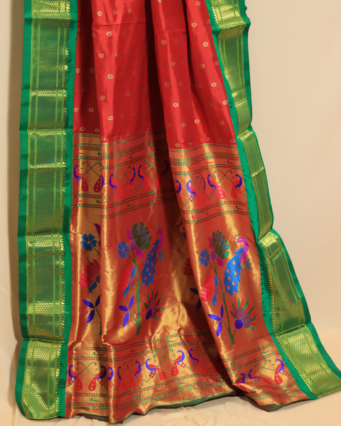 Fiery Red 9 Yard Paithani Pure Silk Saree  with Emerald Green Zari Border