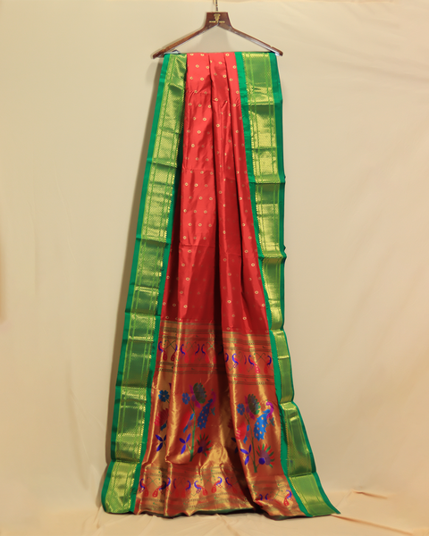 Fiery Red 9 Yard Paithani Pure Silk Saree  with Emerald Green Zari Border