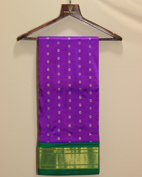 Royal Purple Splendor with Lustrous Green Zari Border 9 Yard Paithani Pure Silk Saree