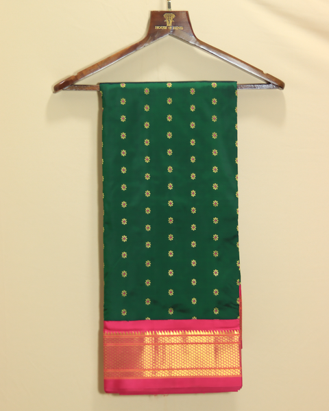 Majestic Green 9 Yard Paithani Pure Silk Saree with Vibrant Pink Zari Border