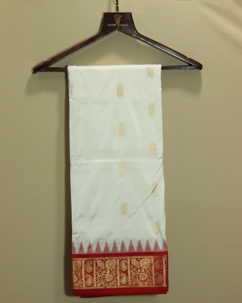 White Kanjivaram Pure Silk 9 Yard Saree with Red Gold Zari Border