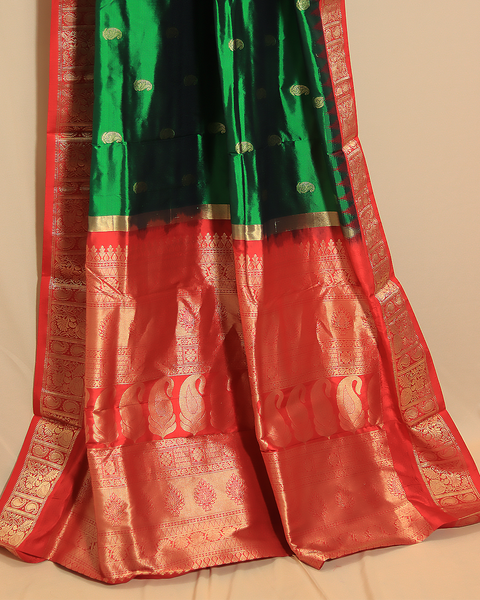 Green Splendor with Festive Red Border 9 Yard Kanjivaram Pure Silk Saree