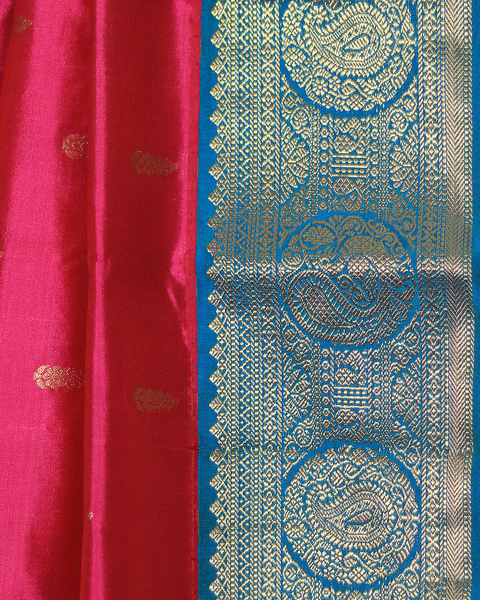 Buy 9 Yard Rani Pink Saree with Blue Blouse and Zari Border