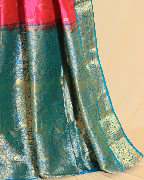 Buy 9 Yard Rani Pink Saree with Blue Blouse and Zari Border