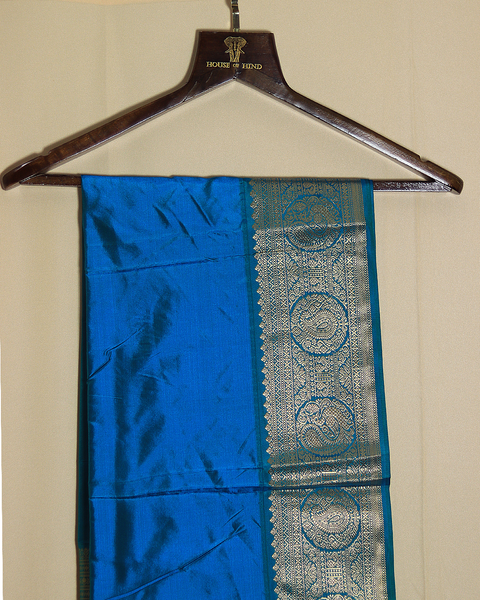 Buy 9 Yard Rani Pink Saree with Blue Blouse and Zari Border