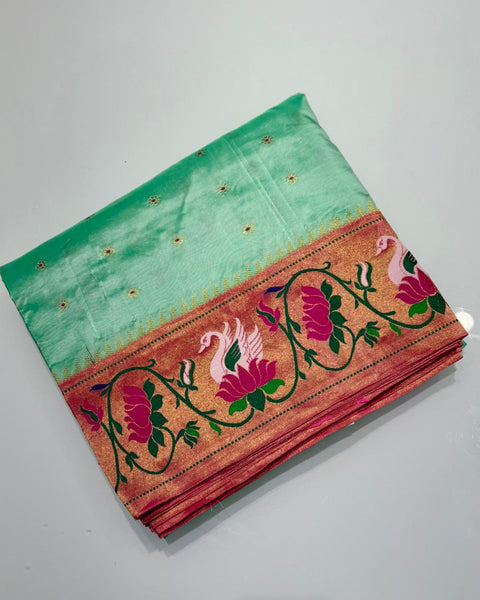 Aqua Green Pure Silk Paithani with Lotus & Swan Border