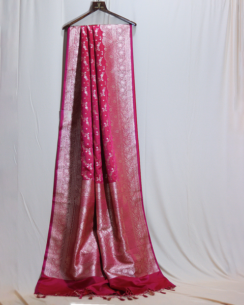 Rani Pink Banarasi Semi Silk Saree with Silver Zari Floral Jaal and Ornate Border