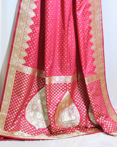 Rani Pink Banarasi Semi-Silk Saree with Leaf Motif