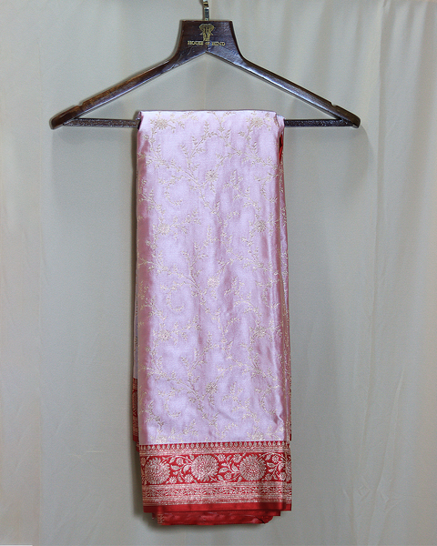 Baby Pink Banarasi Semi Silk Saree with Gold Zari Floral Jaal and Red Border