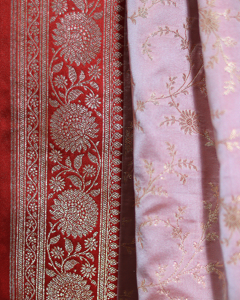 Baby Pink Banarasi Semi Silk Saree with Gold Zari Floral Jaal and Red Border