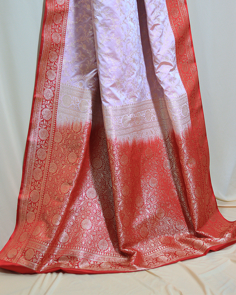 Baby Pink Banarasi Semi Silk Saree with Gold Zari Floral Jaal and Red Border