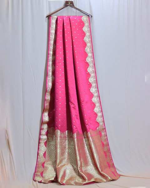 Rani Pink Banarasi Semi Silk Saree with Gold Zari Butti and Scalloped Border