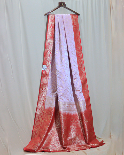 Baby Pink Banarasi Semi Silk Saree with Gold Zari Floral Jaal and Red Border