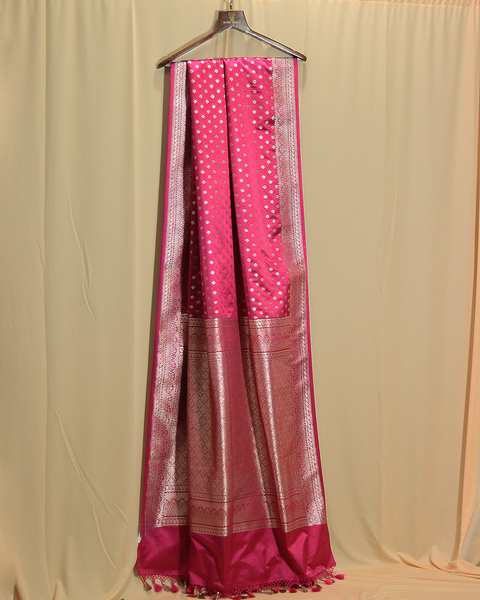 Deep Pink Banarasi Semi-Silk Saree with Butti Border