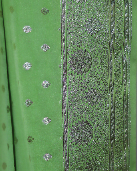 Parrot Green Banarasi Semi Silk Saree with Silver Zari Butti