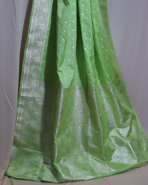 Parrot Green Banarasi Semi Silk Saree with Silver Zari Butti