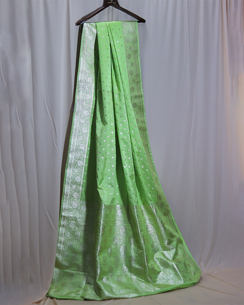 Parrot Green Banarasi Semi Silk Saree with Silver Zari Butti