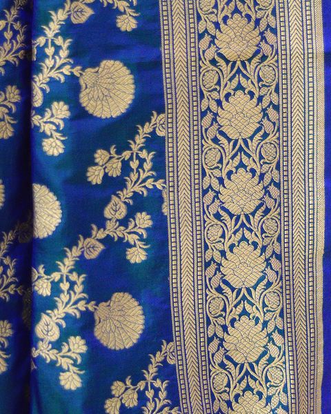 Peacock Blue Banarasi Uppada Saree with Golden Zari Motifs