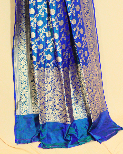 Peacock Blue Banarasi Uppada Saree with Golden Zari Motifs