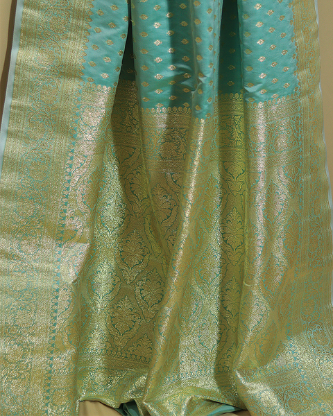 Green Banarasi Semi-Silk Saree with Butti and Contrast Border