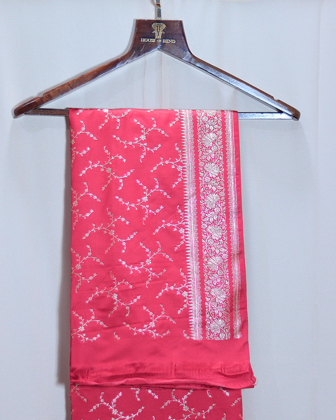 Rani Pink Banarasi Semi Silk Saree with Silver Zari Butti