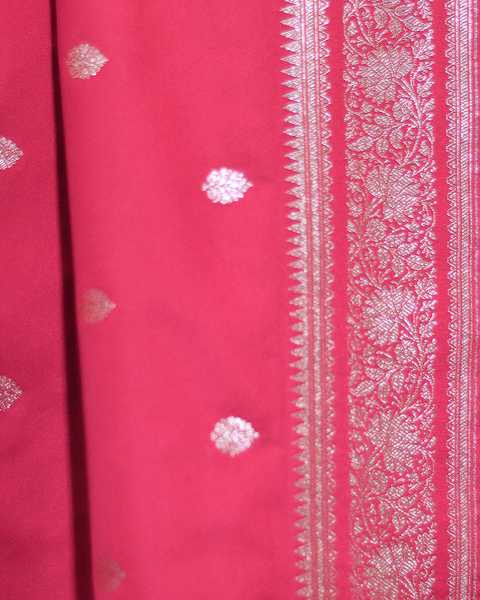 Rani Pink Banarasi Semi Silk Saree with Silver Zari Butti