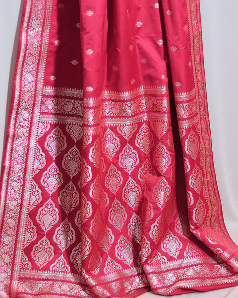 Rani Pink Banarasi Semi Silk Saree with Silver Zari Butti