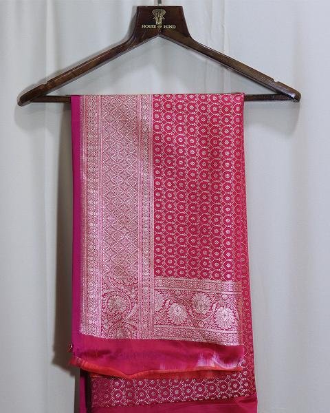 Rani Pink Banarasi Semi Silk Saree with Silver Zari Floral Jaal and Ornate Border