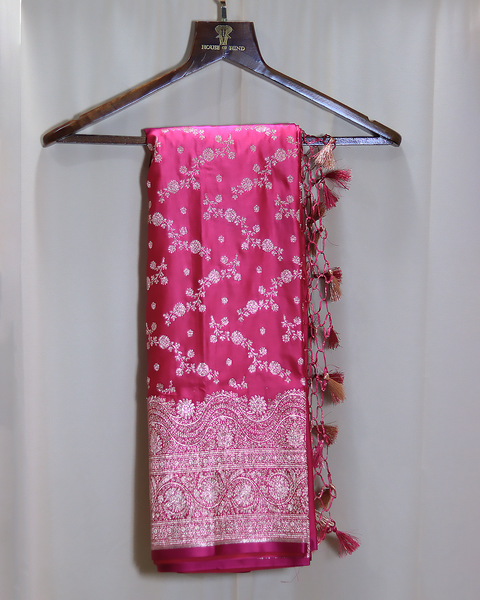 Rani Pink Banarasi Semi Silk Saree with Silver Zari Floral Jaal and Ornate Border