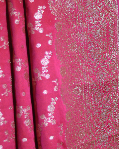 Rani Pink Banarasi Semi Silk Saree with Silver Zari Floral Jaal and Ornate Border