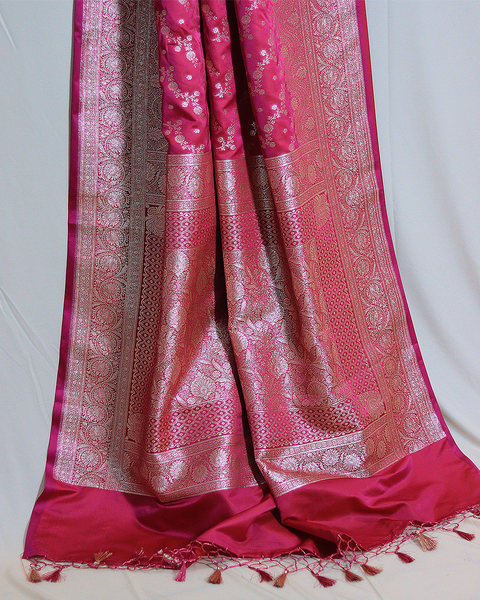 Rani Pink Banarasi Semi Silk Saree with Silver Zari Floral Jaal and Ornate Border