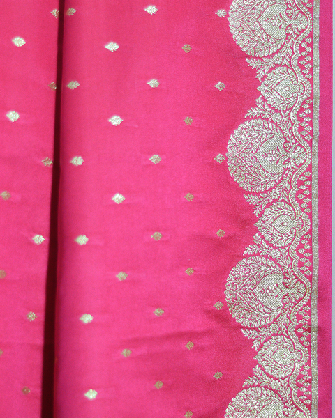 Rani Pink Banarasi Semi Silk Saree with Gold Zari Butti and Scalloped Border