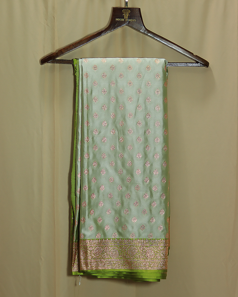 Mint Green Banarasi Semi-Silk Saree with Golden Zari Butti and Contrast Border