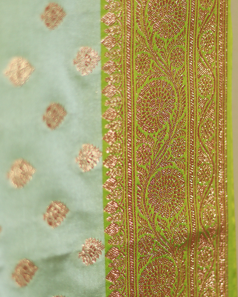 Mint Green Banarasi Semi-Silk Saree with Golden Zari Butti and Contrast Border