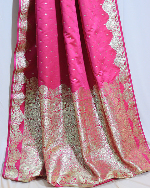 Rani Pink Banarasi Semi Silk Saree with Gold Zari Butti and Scalloped Border