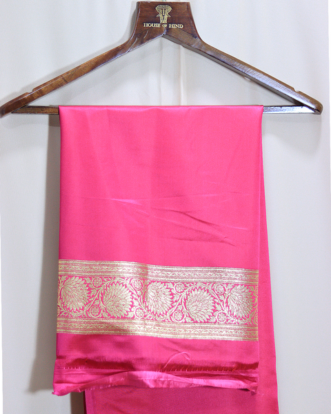 Rani Pink Banarasi Semi Silk Saree with Gold Zari Butti and Scalloped Border