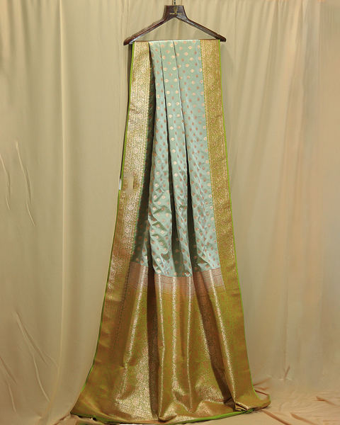 Mint Green Banarasi Semi-Silk Saree with Golden Zari Butti and Contrast Border