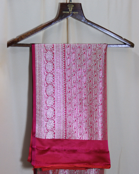 Rani Colour Banarasi Semi-Silk Saree with Ornate Silver Zari Border