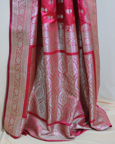 Rani Colour Banarasi Semi-Silk Saree with Ornate Silver Zari Border