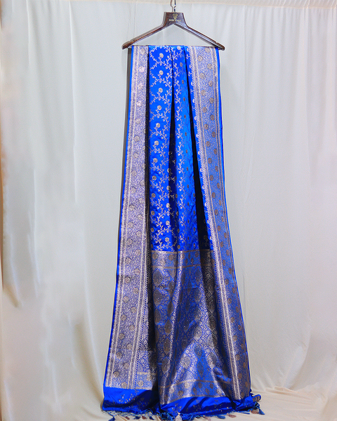 Royal Blue Banarasi Semi Silk Saree With Floral Zaal And Butti Border