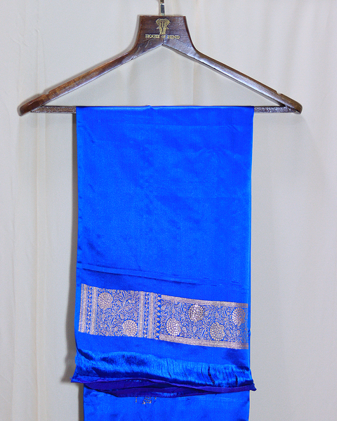 Royal Blue Banarasi Semi Silk Saree With Floral Zaal And Butti Border