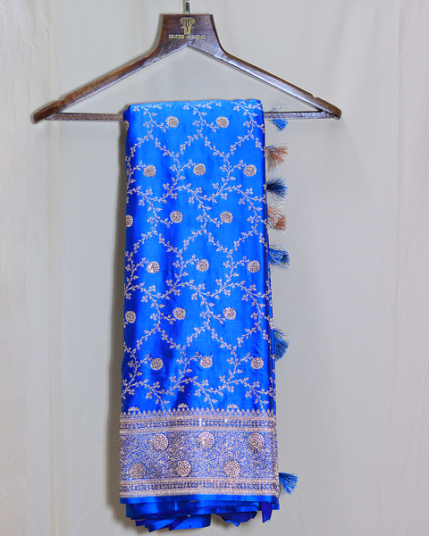 Royal Blue Banarasi Semi Silk Saree With Floral Zaal And Butti Border