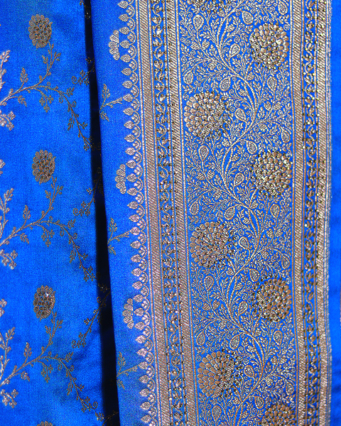 Royal Blue Banarasi Semi Silk Saree With Floral Zaal And Butti Border