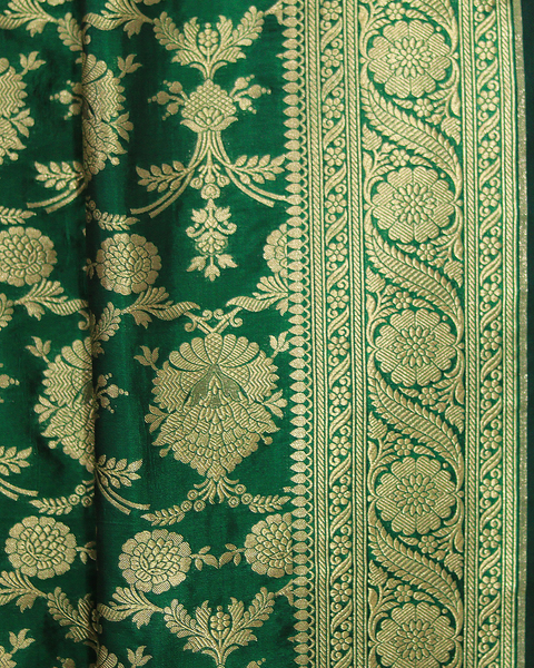 Bottle Green Banarasi Uppada Saree with Intricate Zari Motifs