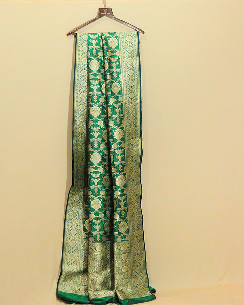 Bottle Green Banarasi Uppada Saree with Intricate Zari Motifs