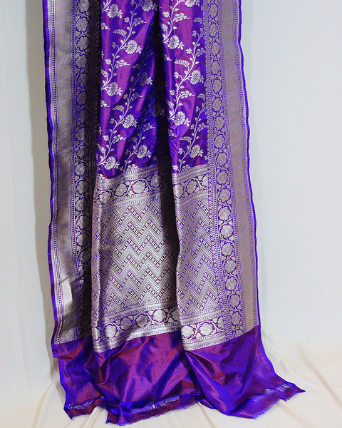 Royal Purple Banarasi Upada Pure Silk Saree with Golden Zari Motifs