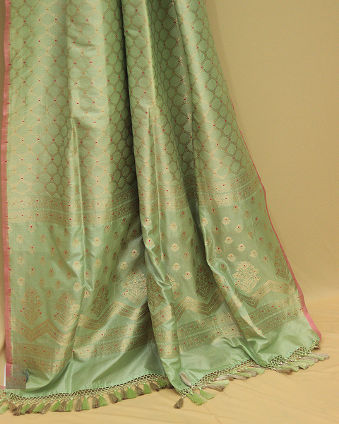 Pistachio Green Banarasi Uppada Saree with Delicate Zari Work