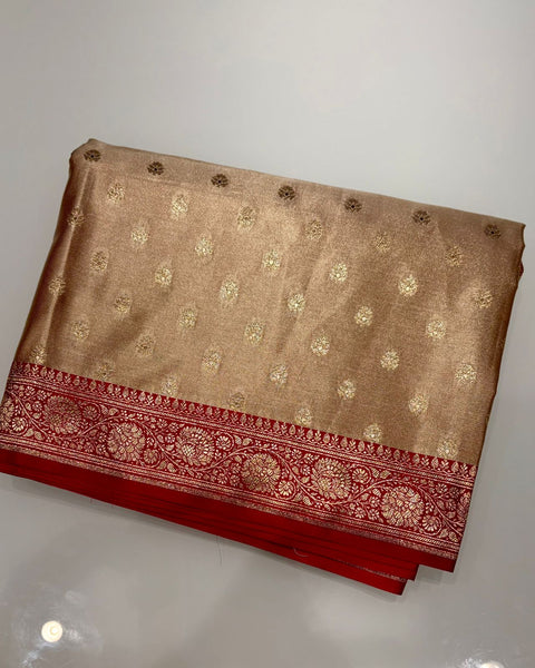Beige Banarasi Semi Silk Saree with Contrast Border and Embroidered Blouse